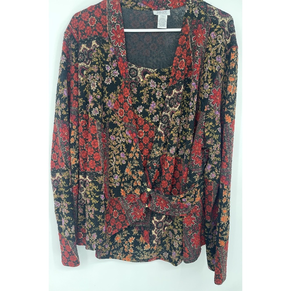 VTG Graff CA Blouse Top Floral Pullover Sz XL Wrap Faux 2 Pc Stretchy